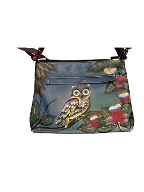 Anuschka Hand-Painted Crossbody Bag Owl Blue Floral Leather Bag & Card Holder $2